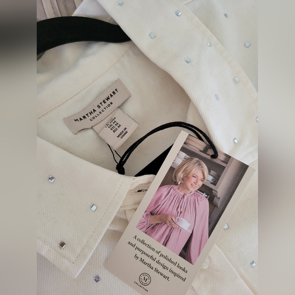Matha Stewart ivory w/ rhinestones button down shirt,jacket,shacket  size M - Picture 6 of 7